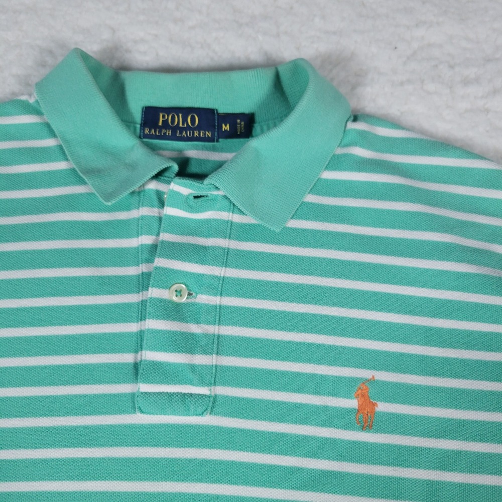 Polo Ralph Lauren Polo Shirt Mens Size M Mint Green White Striped Short Sleeve